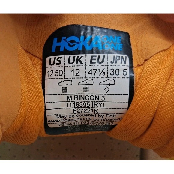 Hoka One One Rincon 3 Shoes Mens Size 12.5D Yellow Road Running 1119395 IRYL - Picture 8 of 9